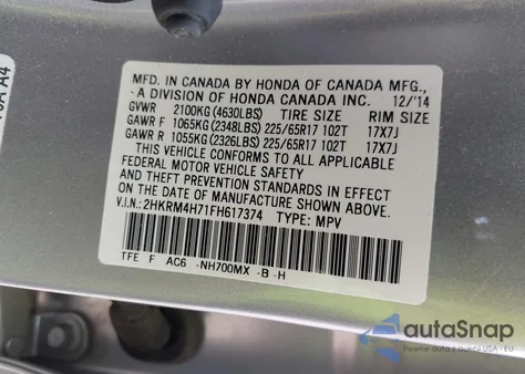 2015 Honda Cr-V Ex-L from USA, damaged, VIN 2HKRM4H71FH617374